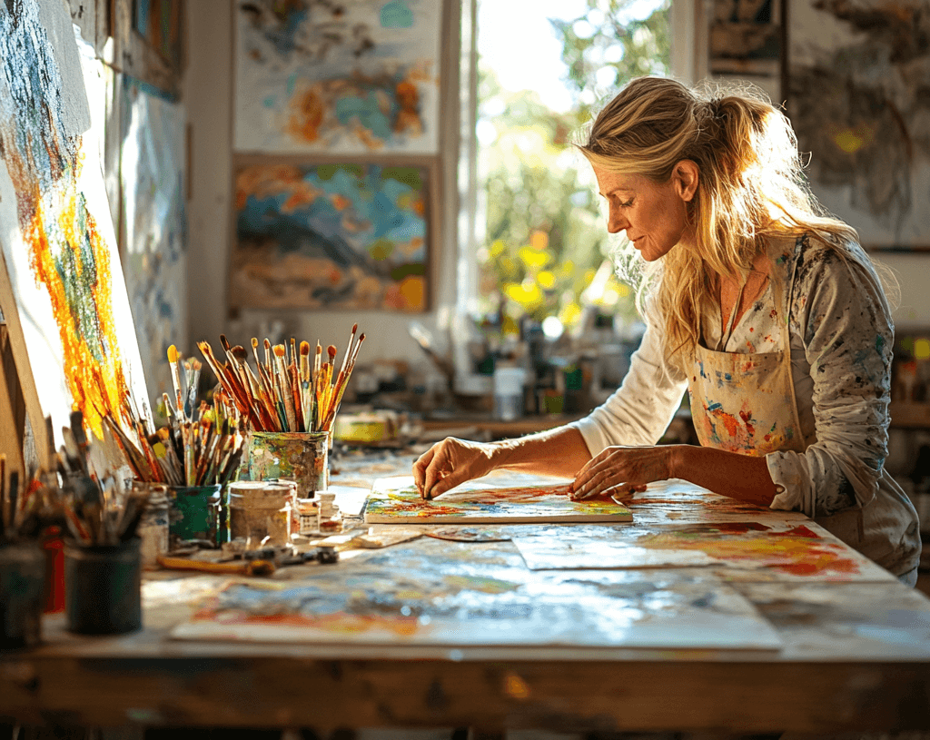 Eine Frau arbeitet mit Acrylfarben auf einer Leinwand