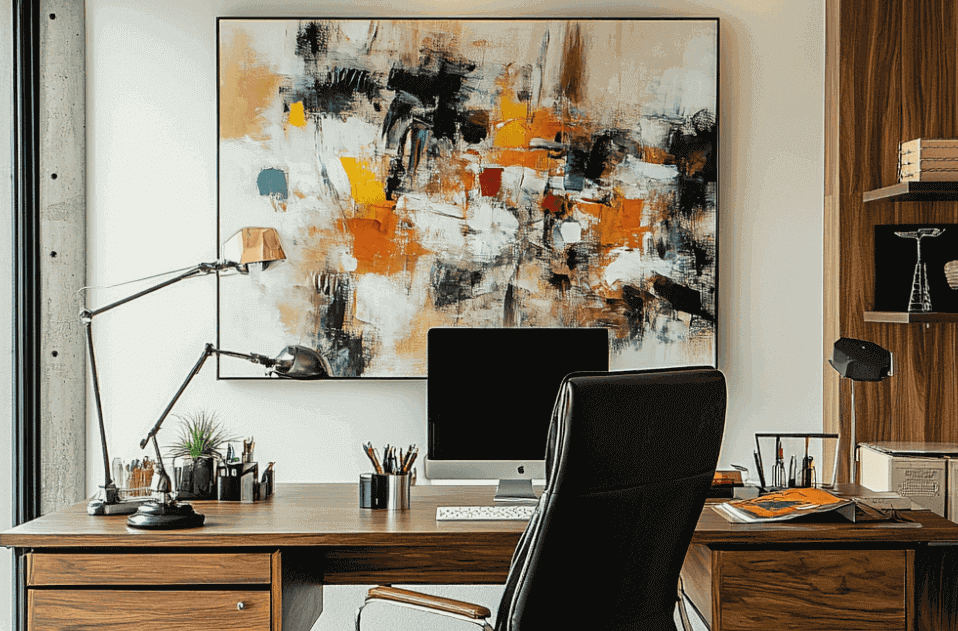 A modern office with a wooden desk, a computer and an abstract painting in warm orange, black and white tones that creates a stylish workspace