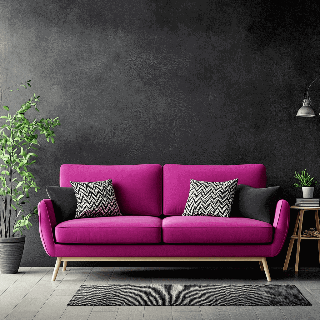 Minimalist living room with a magenta sofa, black walls, chevron cushions and green accents