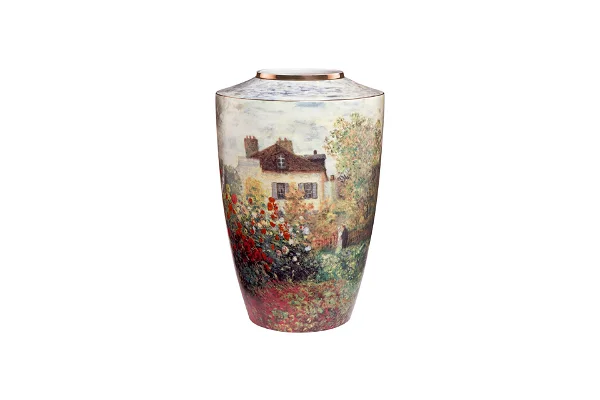 a porcelain vase inspired by claude monet a garden with daisy flowers and a house