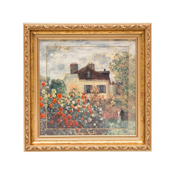 A porcelain wall art inspired by Claude Monet's design, a garden with daisy flowers, and a quaint house.