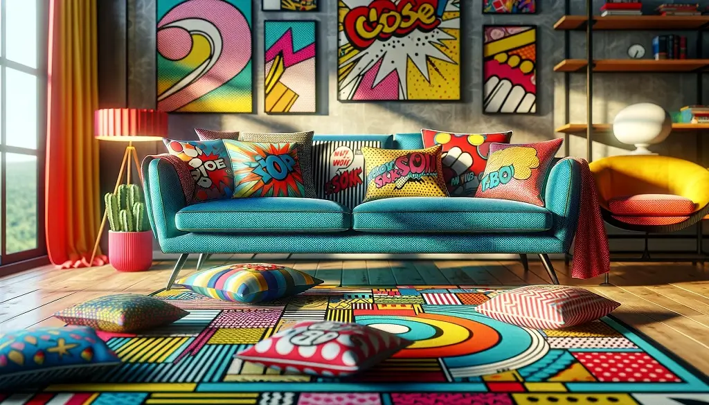 salon-paysage-avec-coussins-et-tapis-inspiré-par-pop-art