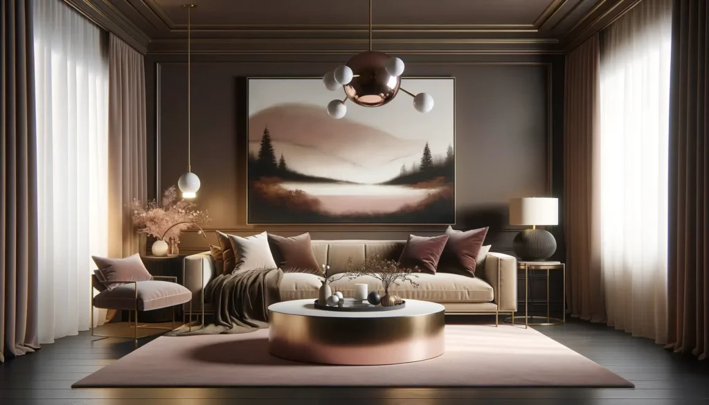 Paysage de salle de séjour avec palette de couleurs romantique de brun-chocolat foncé et d'or rose