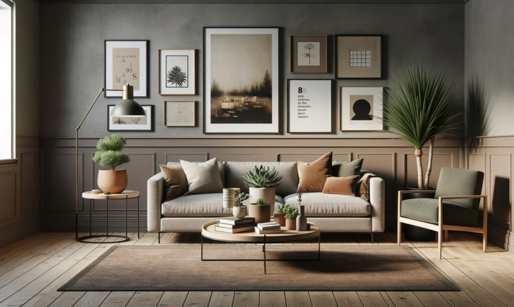 combinaison de posters et d'impressions sur toile dans un salon
