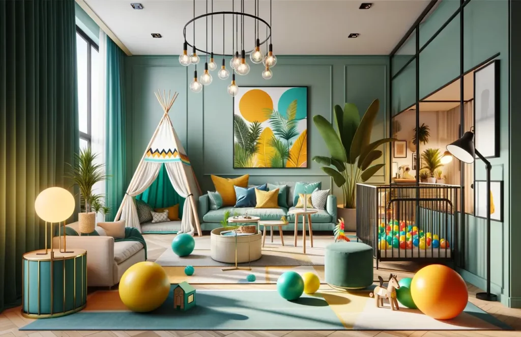 Palette de couleurs tropicales et printanières dans une salle de jeux pour enfants