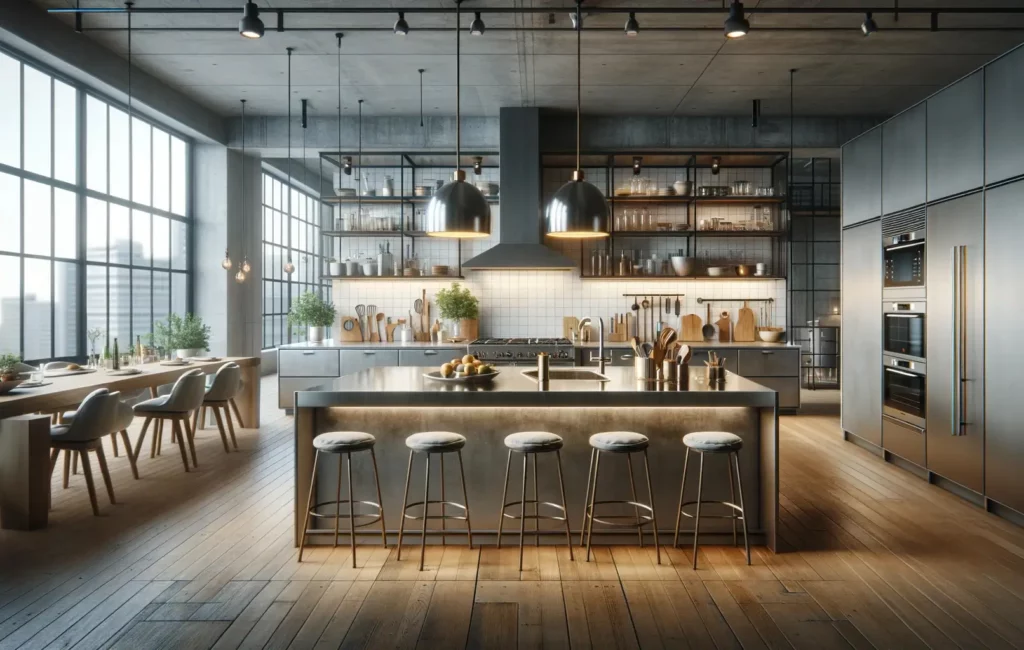 cuisine de style industriel avec des lampes suspendues et de beaux éclairages