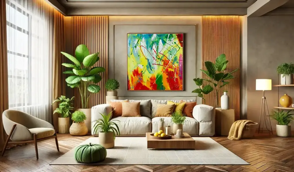 A large living room interior with a warm and cosy colour palette