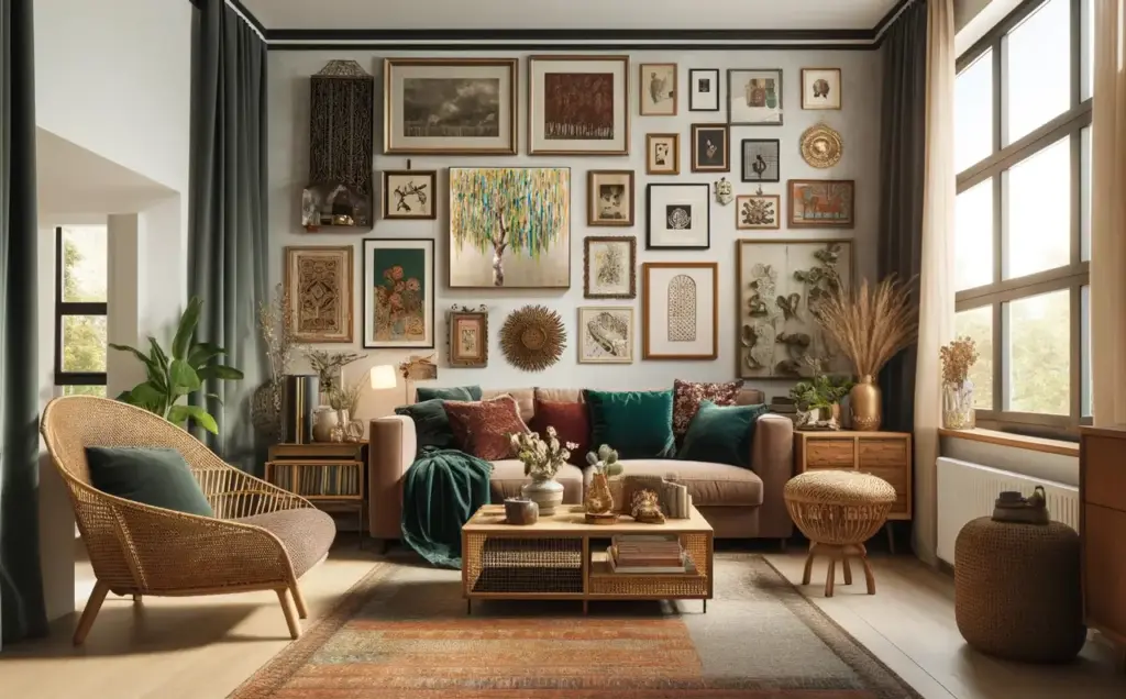 A living room decorated in a bohemian mid-century modern style with earthy summer colours.