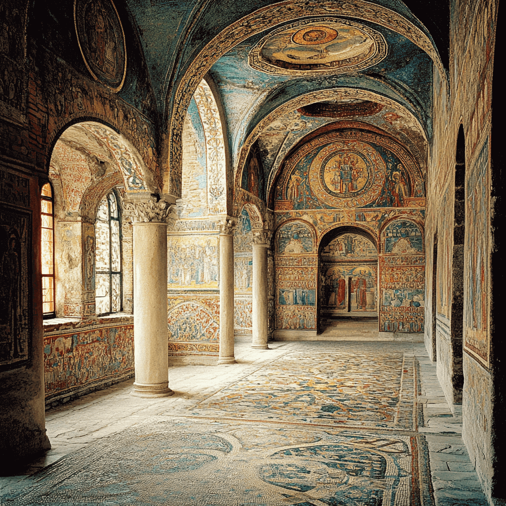 Interior of the Basilica of San Vitale in Ravenna, showcasing intricate Byzantine mosaics and decorative arches.