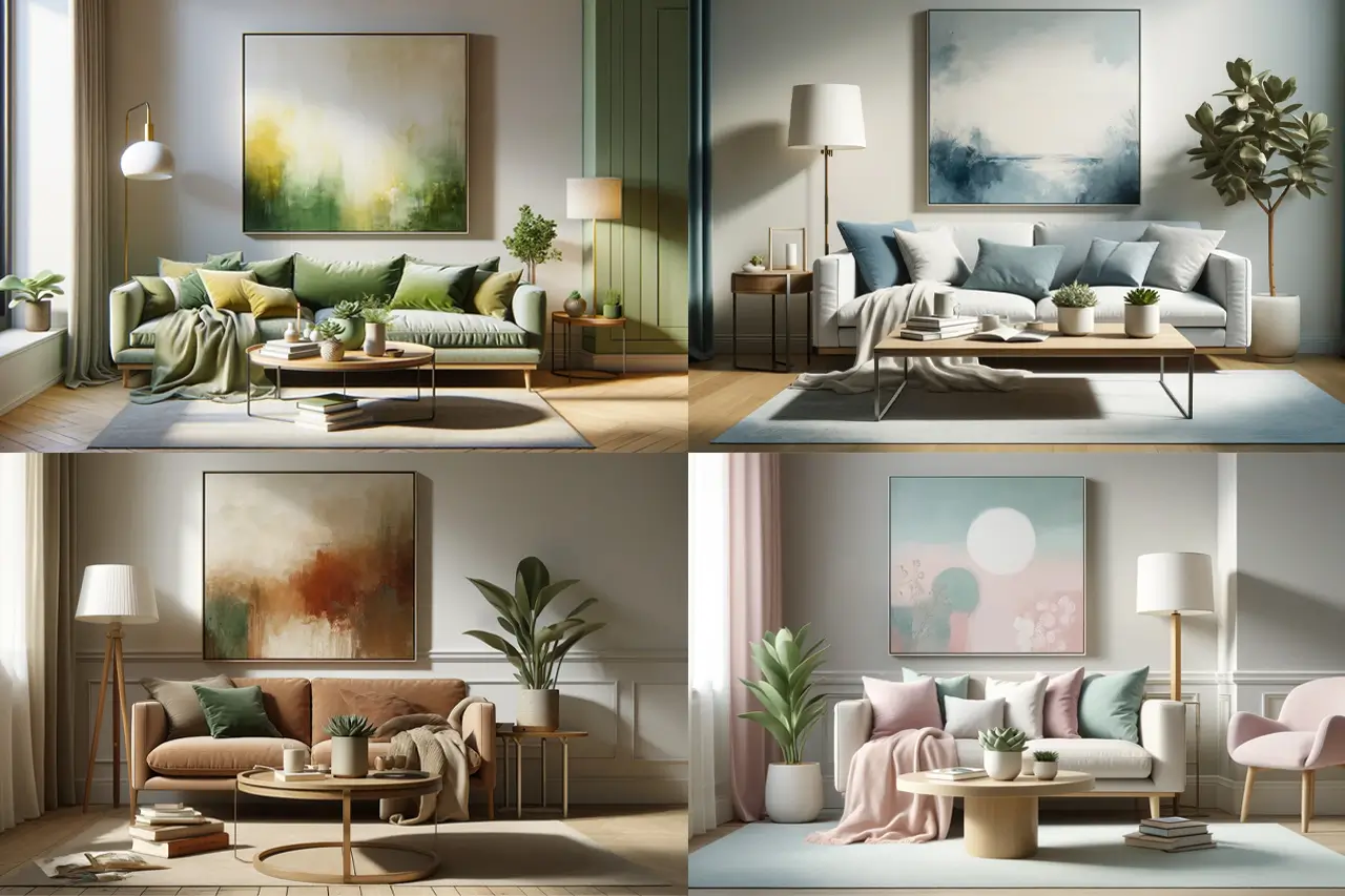 Four living spaces, each with a different combination of timeless summer colours.