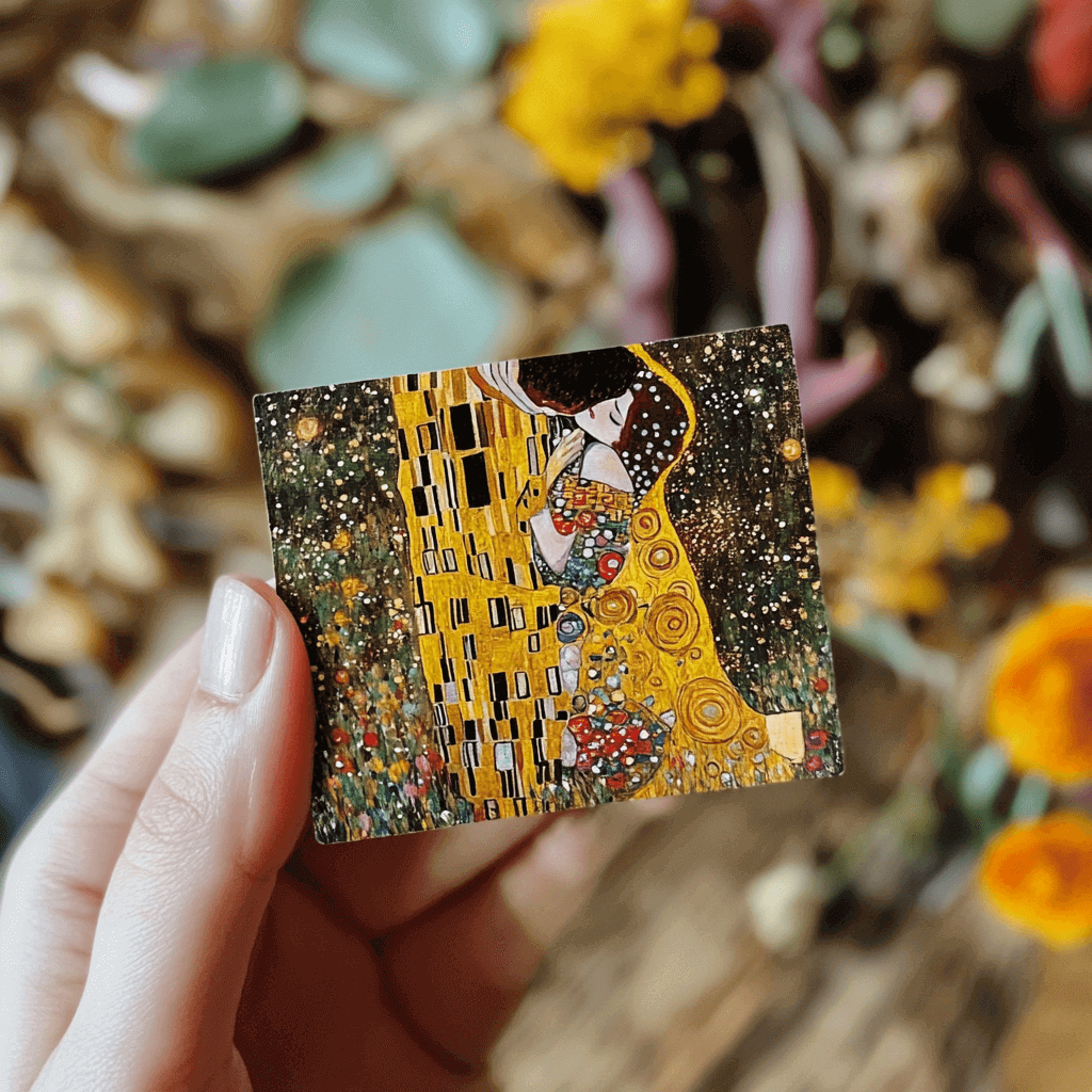 Hand holding a small postcard depicting Klimt's 'The Kiss,' with a background of blurred flowers