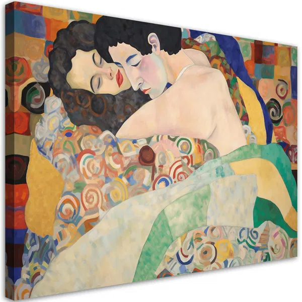 Canvas art print of Klimt-inspired couple embracing, surrounded by colorful patterns and geometric shapes.