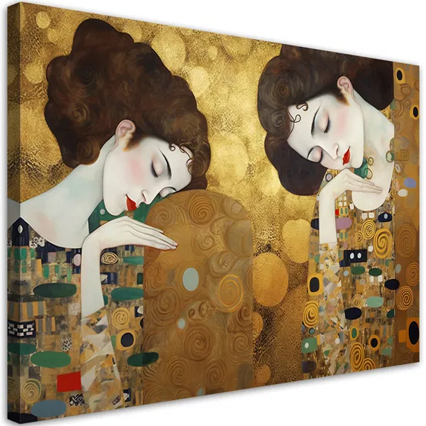 Canvas art print inspired by Klimt, featuring two women in elegant poses with golden backgrounds.