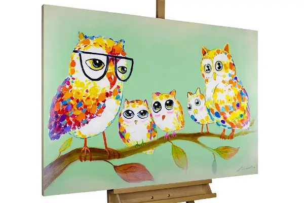 colourful owls with glasses up modern green acrylic painting