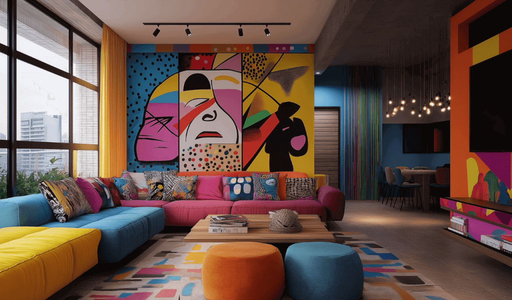 Pop art inspired decoration and wallpaper in the living room image
