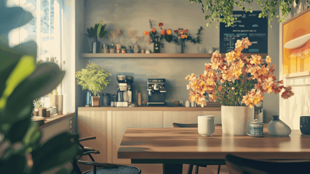 Cosy coffee corner with warm decoration and flower arrangements