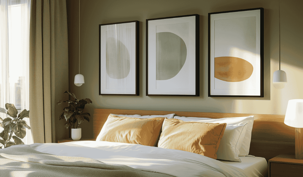 A cosy bedroom with a wooden bed, mustard yellow cushions, abstract art, hanging lamps and a potted plant. Natural light streams through beige-coloured curtains