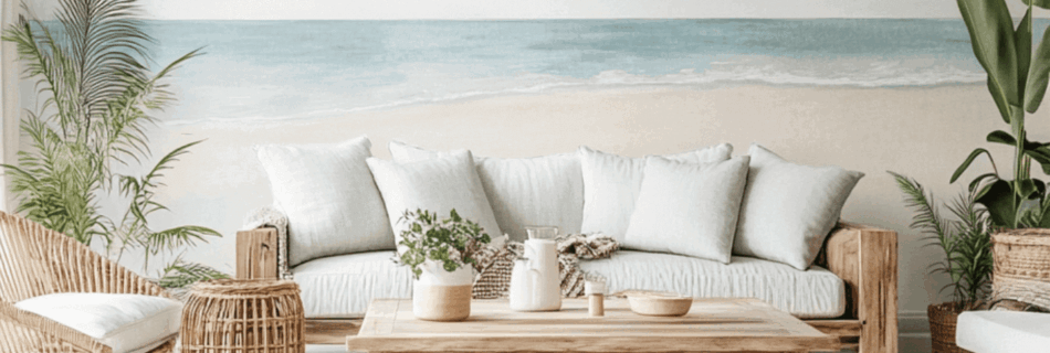 Coastal-themed living room with a large beach mural wall, wooden furniture, rattan accents, neutral tones, and indoor plants creating a relaxed tropical atmosphere.