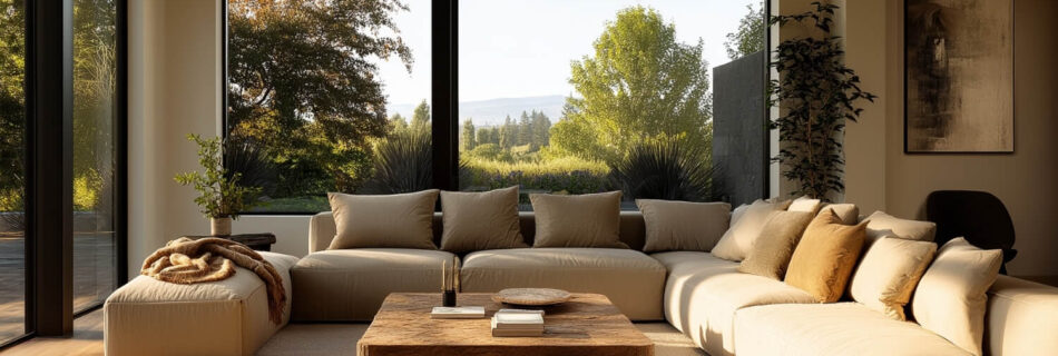 Living room with large windows and ceiling light – stylish interior