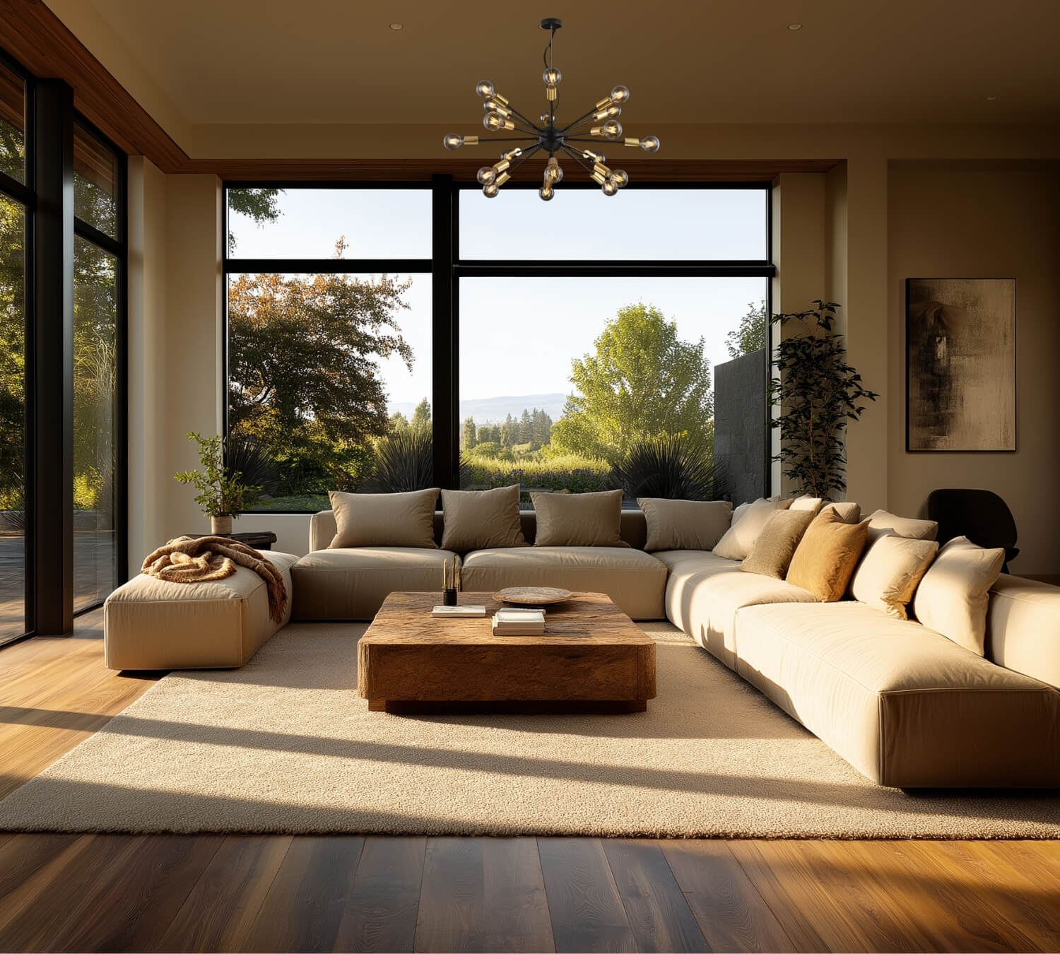 Living room with large windows and ceiling light – stylish interior