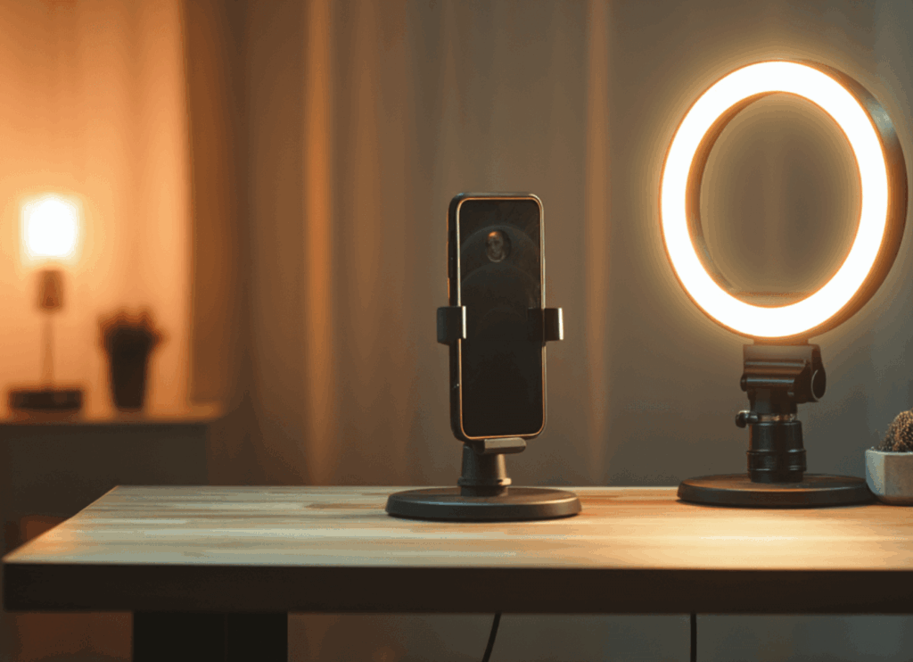 Desk with ring light – perfect lighting for content creation