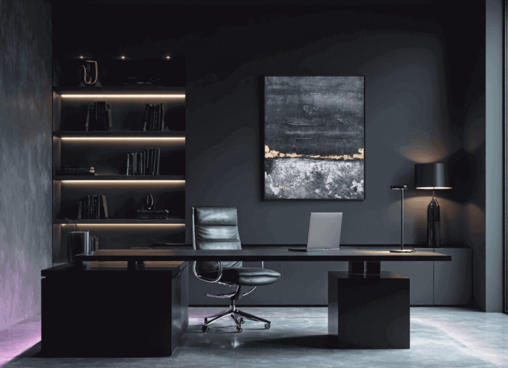 Modern office with dark interior and stylish lighting