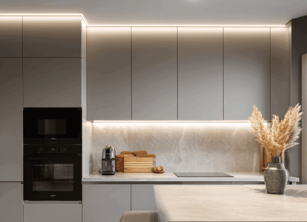 Kitchen with LED under-cabinet lights – modern lighting accents