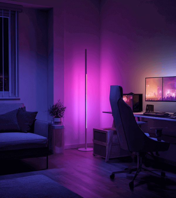 Gaming or workspace with purple LED ambient lighting