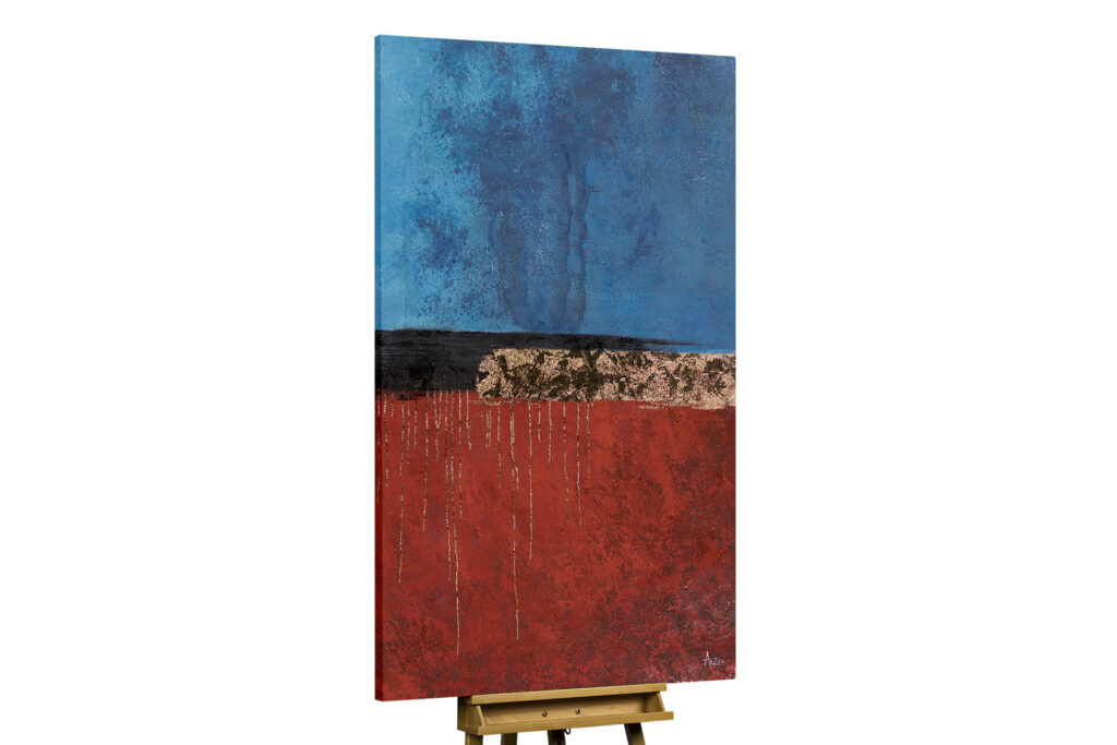 A vertical abstract painting titled "Axis of Emotions" block-divided into textured fields of bright blue, black, and deep red.