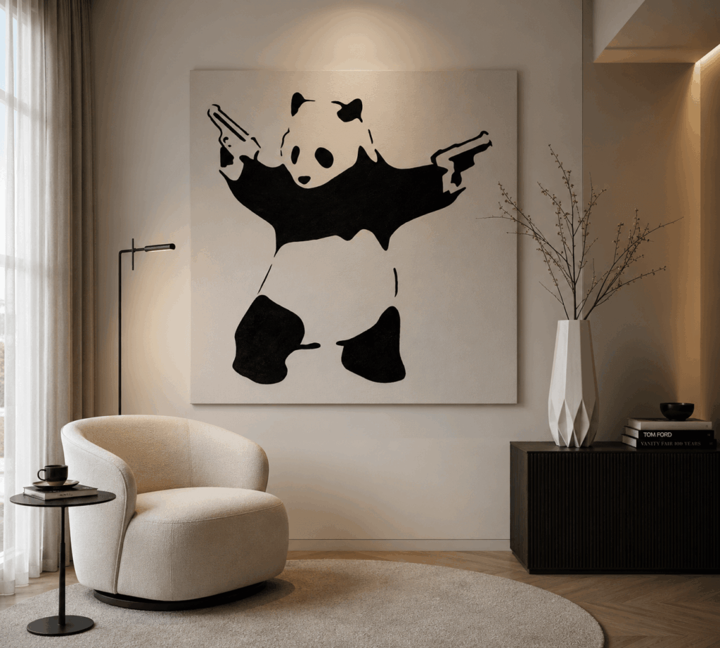A minimalist living room mockup featuring a large wall canvas of the Banksy panda holding two guns.