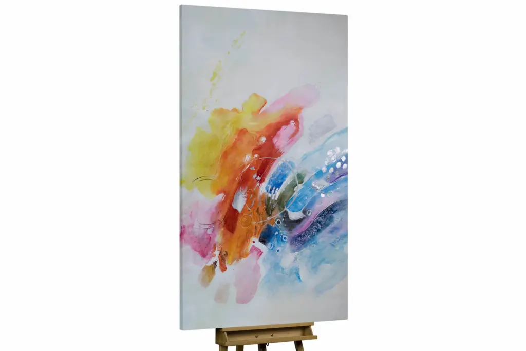 A vibrant, vertical abstract canvas painting featuring colorful watercolor splashes in yellow, pink, and blue.