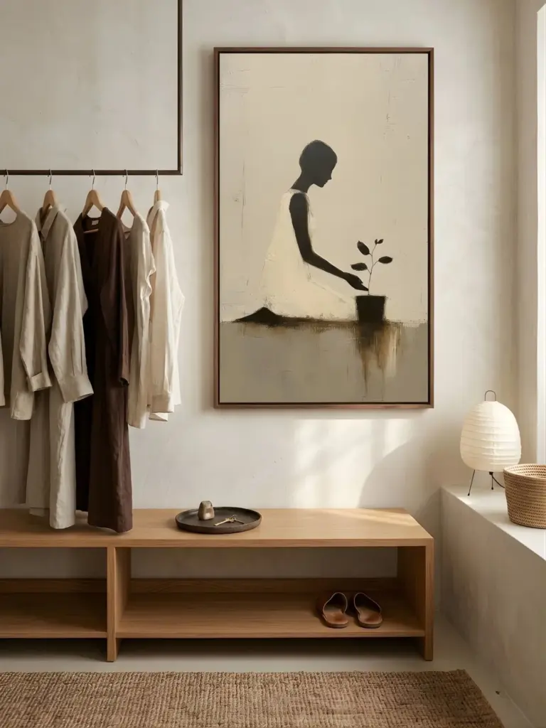 An interior mockup featuring a vertical painting titled "Nurturing Growth," showing a woman caring for a plant, hanging in a bright, modern room.