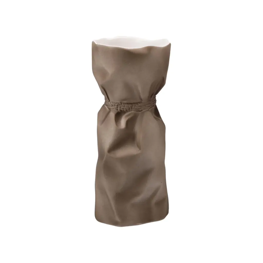 A minimalist matte brown ceramic vase with a unique paper-bag-style crumpled texture on a white background.