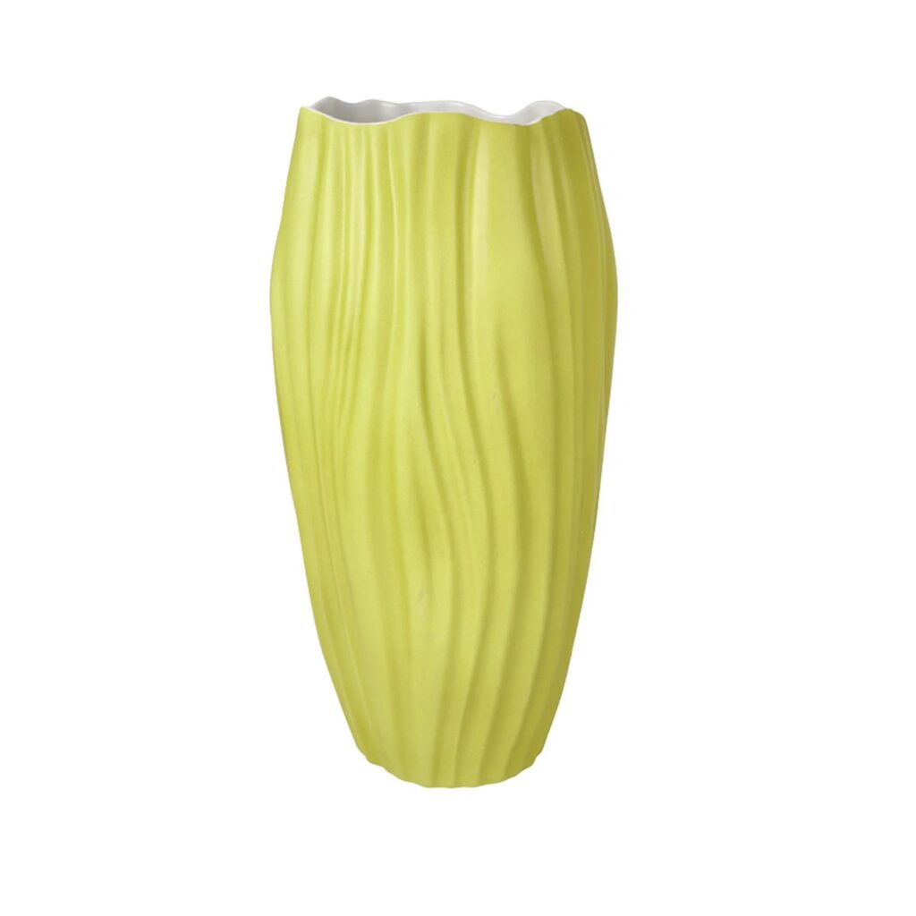 A contemporary textured lime green ceramic vase on a plain white background.