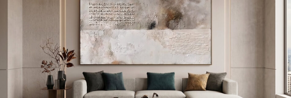 Modern living room with large textured abstract artwork above a cream sofa.