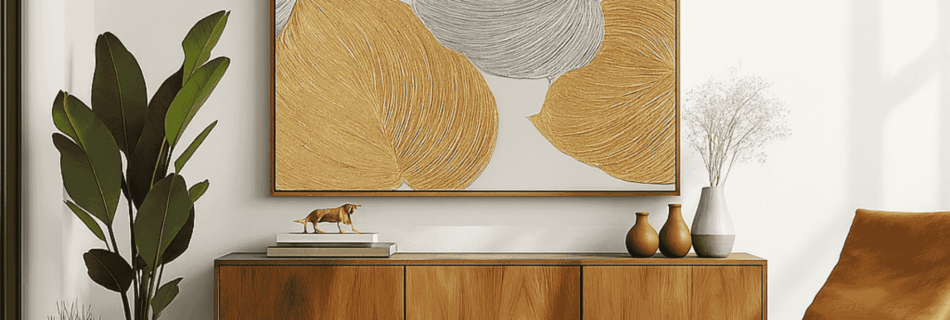 Living room with a wooden decorative drawer and a gold silver painting